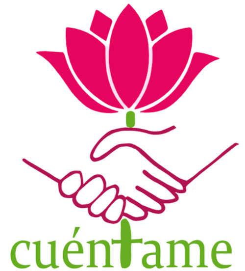 flor de loto de color rosa en la parte superior. Debajo de la flor, hay dos manos entrelazadas en un apretón de manos. En la parte inferior, se encuentra el nombre "cuéntame" escrito en verde, con la letra 't' estilizada como una cruz.